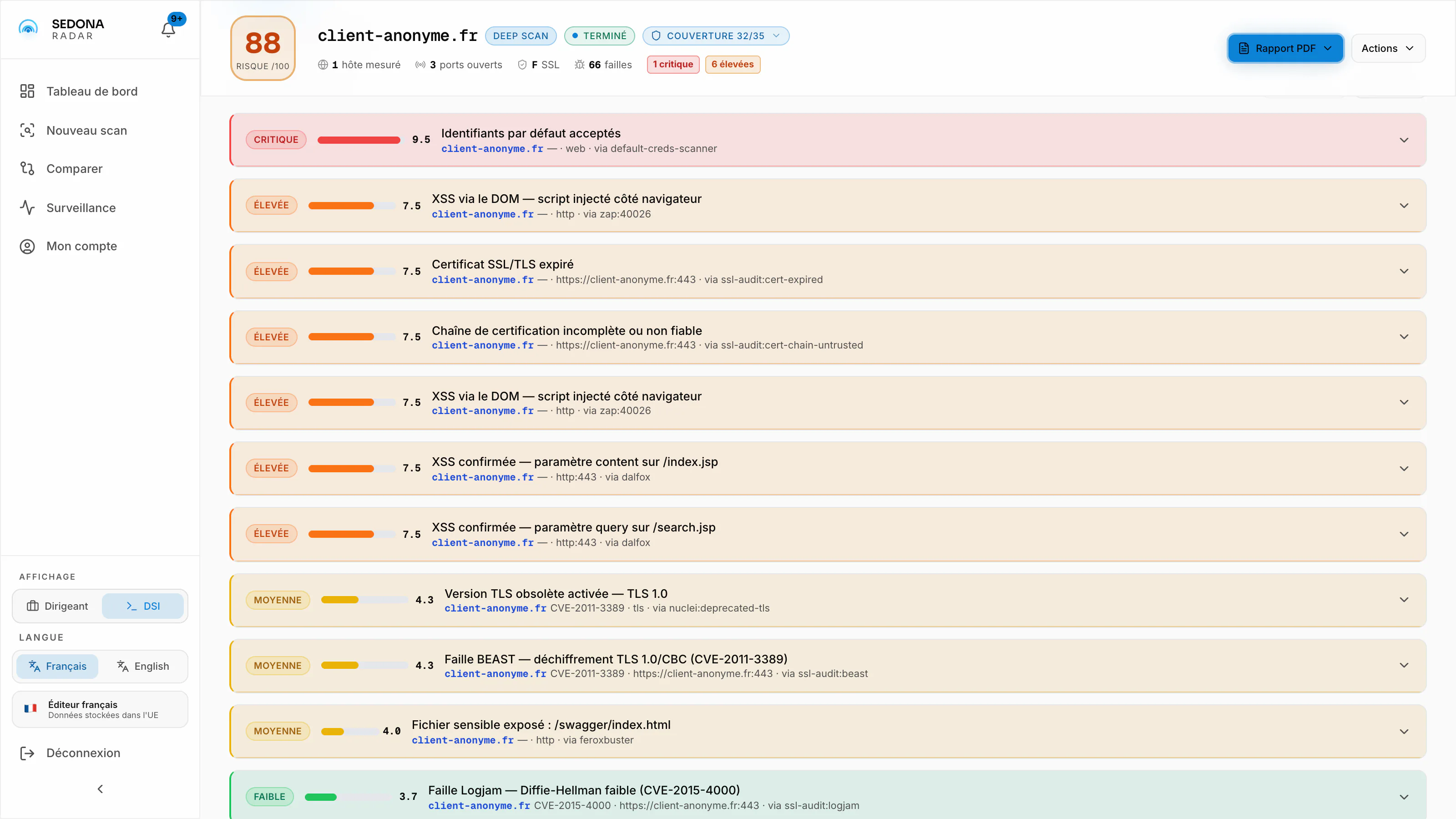 L'application Radar en Vue DSI : la liste des constats. Critique, score 9,5 : identifiants par défaut acceptés. Élevée, 7,5 : XSS via le DOM, script injecté côté navigateur. Élevée, 7,5 : certificat SSL/TLS expiré. Élevée, 7,5 : chaîne de certification incomplète ou non fiable.
