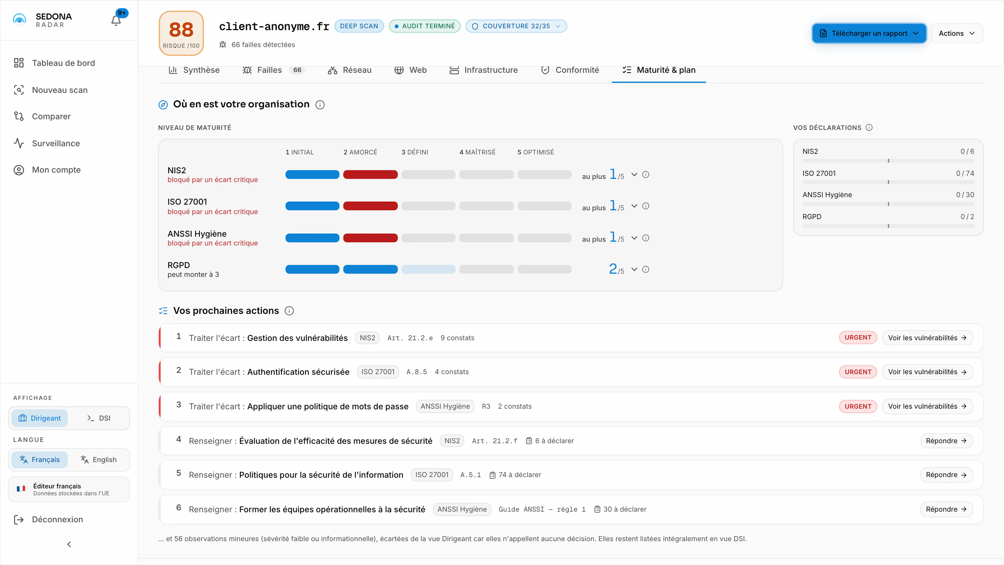 L'application Radar en Vue Dirigeant, onglet Plan de traitement : « Vos prochaines actions ». Trois écarts à traiter (gestion des vulnérabilités, authentification sécurisée, politique de mots de passe), puis trois contrôles à renseigner, chacun rattaché à son référentiel.