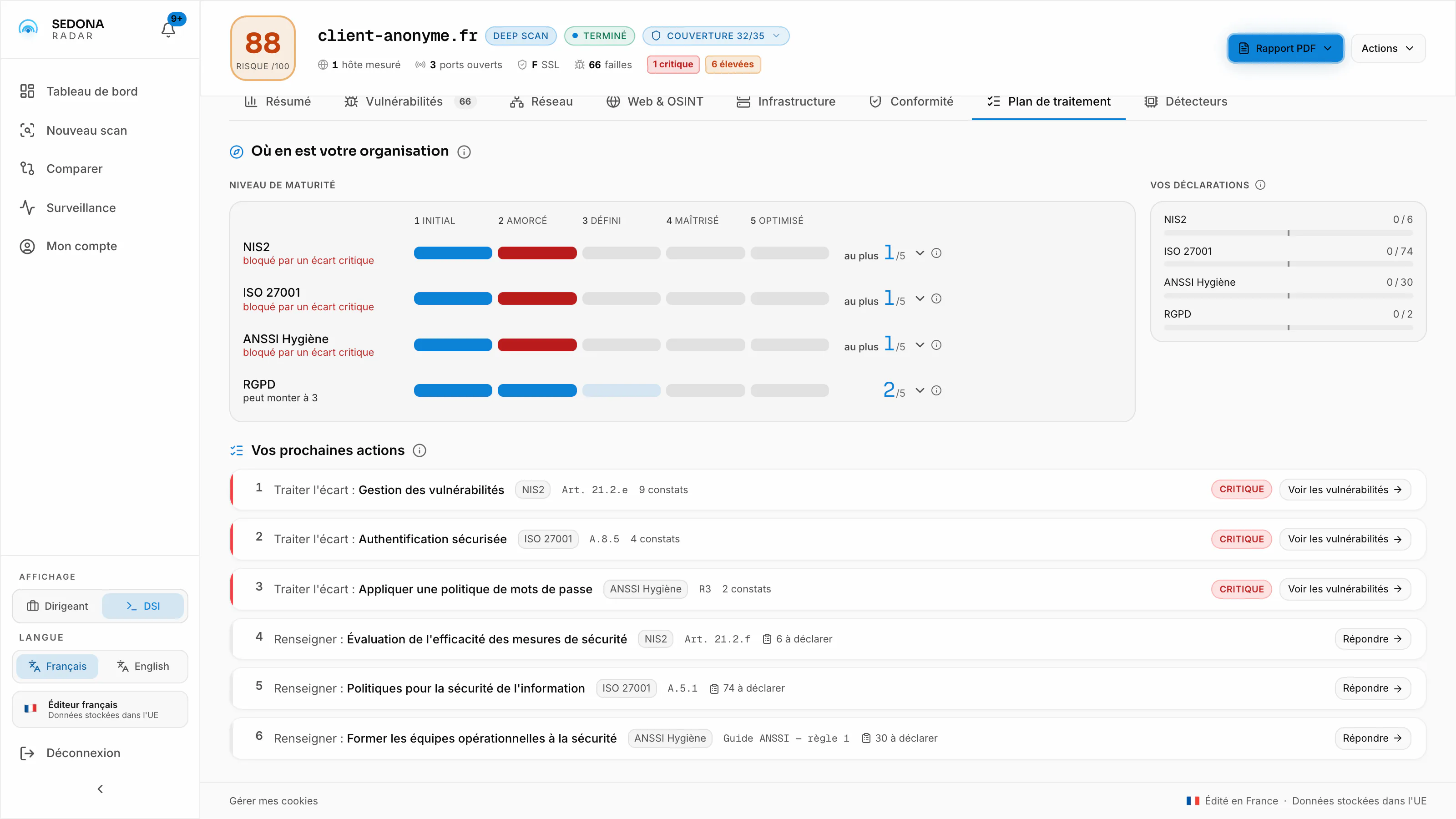 L'application Radar, onglet Plan de traitement : « Vos prochaines actions ». Trois écarts à traiter (gestion des vulnérabilités, authentification sécurisée, politique de mots de passe), puis trois contrôles à renseigner, chacun rattaché à son référentiel.